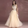 Bling Bling 2 Piece Nude Prom Dresses 2017 A-Line / Princess Scoop Neck Sleeveless Ruffle Organza Beading Sequins Floor-Length / Long Formal Dresses