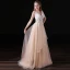 Chic / Beautiful Champagne Backless Wedding Dresses 2017 A-Line / Princess V-Neck Shoulders Sleeveless Beading Pearl Court Train
