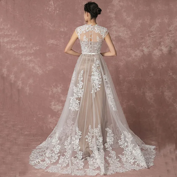 Romantique Plage Champagne Robe De Mariée 2017 Princesse Manches Courtes Encolure Dégagée Appliques En Dentelle Train De Balayage