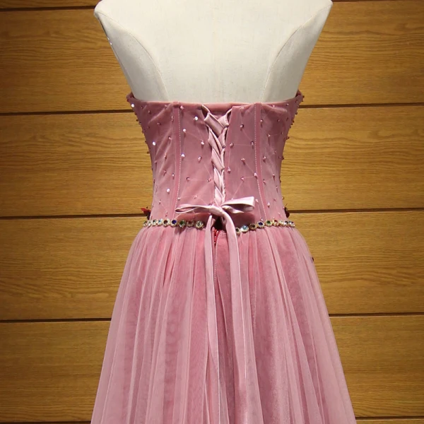 Chic / Belle Rougissant Rose Robe De Soirée 2017 Princesse Bustier Tulle Perlage Appliques Dos Nu Soirée Robe De Ceremonie