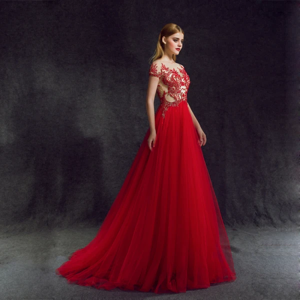 Stunning Red Evening Dresses 2018 A-Line / Princess Scoop Neck Zipper Up Beading Floor-Length / Long Ruffle Tulle Formal Dresses Stunning Red Evening Dresses 2018 A-Line / Princess Scoop Neck Zipper Up Beading Floor-Length / Long Ruffle Tulle Formal Dresses