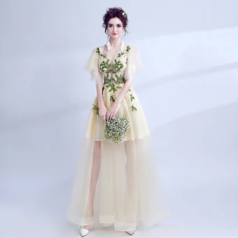 Chic Beautiful Yellow Evening Dresses 2018 A Line Princess Tulle V Neck Appliques Backless Evening Party Formal Dresses