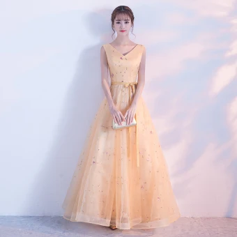 Chic Beautiful Gold Evening Dresses 2017 A Line Princess V Neck Tulle Backless Appliques Evening Party Prom Dresses