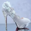Chic / Beautiful White 2018 Wedding 11 cm Pumps High Heels Beading Crystal Flower Rhinestone Evening Party Prom Stiletto Heels Wedding Shoes
