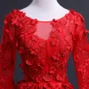 Charming Red See-through Prom Dresses 2018 Ball Gown Scoop Neck Long Sleeve Appliques Flower Chapel Train Ruffle Formal Dresses