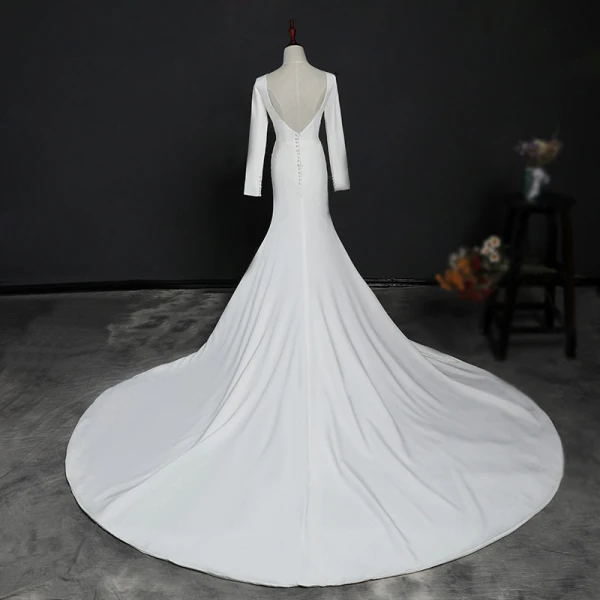 Modest / Simple Ivory Wedding Dresses 2018 Trumpet / Mermaid Scoop Neck Long Sleeve Backless Cathedral Train