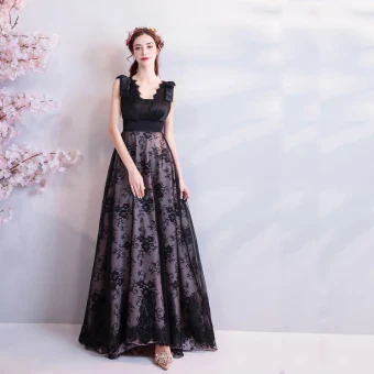Chic Beautiful Black 2018 Summer Evening Dresses V Neck Tulle Lace Up Sleeveless A Line Princess Floor Length Long Crossed Straps Backless Printing Evening Party Formal Dresses