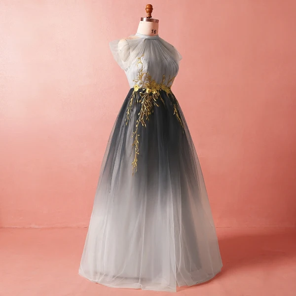 Chic / Belle Gris Grande Taille Robe De Soirée 2018 Princesse Tulle Col Haut Bretelles croisées Appliques Dos Nu Été Soirée Robe De Ceremonie