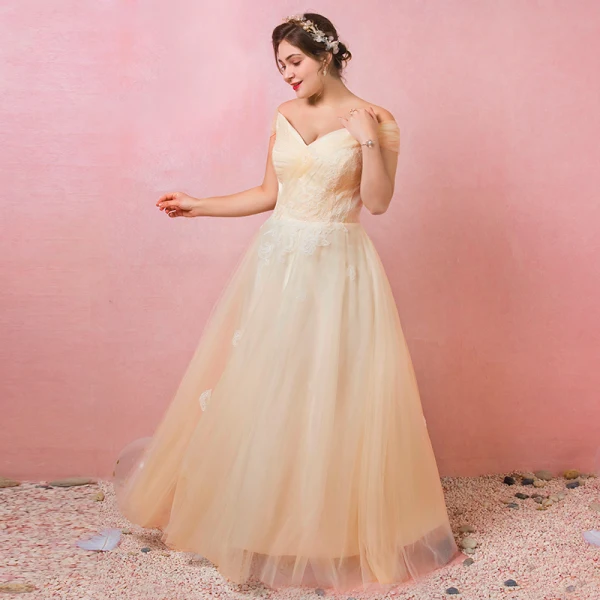 Classique Élégant Champagne Grande Taille Robe De Soirée 2018 Tulle Lacer V-Cou Princesse Appliques Dos Nu Printemps Soirée Robe De Ceremonie