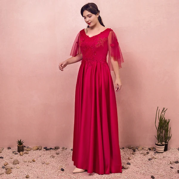 Chic / Beautiful Red Plus Size Evening Dresses  2018 A-Line / Princess Lace-up V-Neck Appliques Backless Beading Evening Party Prom Dresses