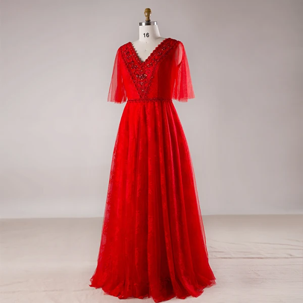 Luxury / Gorgeous Red Plus Size Evening Dresses 2018 A-Line / Princess V-Neck Tulle Lace-up Beading Backless Crystal Evening Party Prom Dresses
