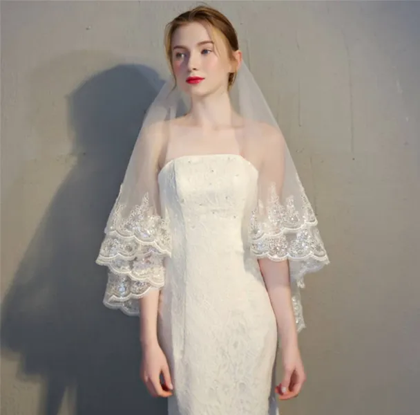 Classic Elegant White Wedding 2018 Tulle Appliques Beading Sequins Wedding Veils