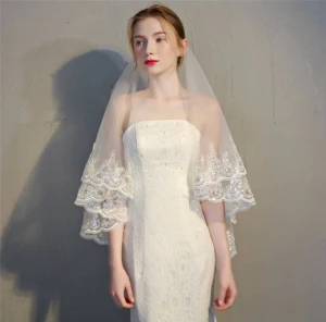 Clásico Elegantes Blanco Boda 2018 Tul Apliques Rebordear Lentejuelas Velo De Novia