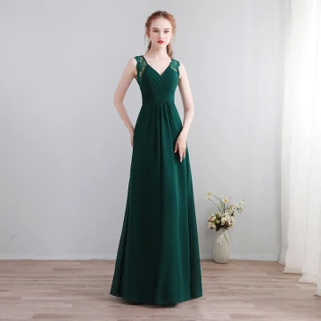 Modest Simple Dark Green Floor Length Long Evening Dresses 2018 A Line Princess V Neck Chiffon Lace Up Backless Evening Party Formal Dresses