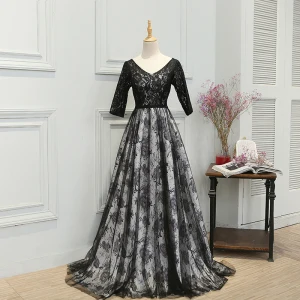 Fée Des Fleurs Noire Tribunal Train Robe De Soirée 2018 Princesse V Cou Dos Nu Impression Charmeuse Soirée Robe De Bal