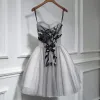 Chic / Beautiful Grey Short Graduation Dresses 2018 A-Line / Princess Tulle Appliques Backless Beading Strapless Homecoming Formal Dresses