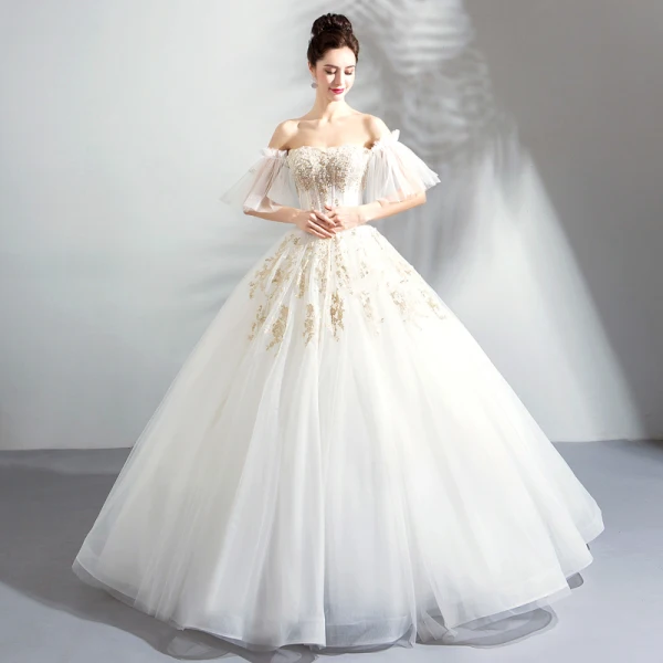Luxury / Gorgeous Floor-Length / Long White Wedding 2018 Lace-up Tulle Strapless Appliques Backless Beading Ball Gown Wedding Dresses