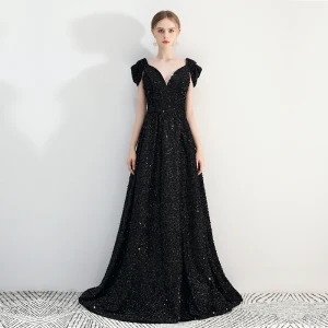 Chic Belle Noire Princesse Robe De Soirée 2019 Mancherons V Cou Cathedral Train Dos Nu Paillettes Polyester Soirée Robe De Ceremonie