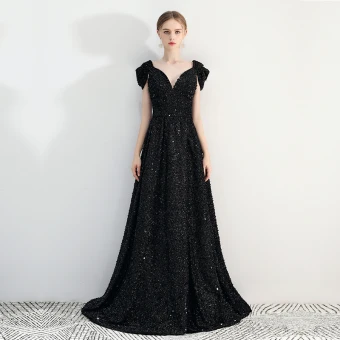 Chic Beautiful Black A Line Princess Evening Dresses 2019 Cap Sleeves V Neck Cathedral Train Backless Sequins Polyester Evening Party Formal Dresses
