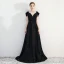 Chic / Belle Noire Princesse Robe De Soirée 2019 Mancherons V-Cou Cathedral Train Dos Nu Paillettes Polyester Soirée Robe De Ceremonie