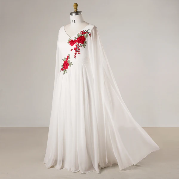 Chinese style White Plus Size Evening Dresses  2018 Zipper Up A-Line / Princess V-Neck Chiffon Embroidered Evening Party Formal Dresses