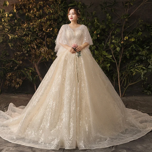 Glitzernden Bling Bling Champagner Übergröße Brautkleider / Hochzeitskleider 2019 A Linie V-Ausschnitt Tülle Glanz Pailletten Kapelle-Schleppe Hochzeit