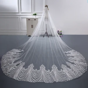 Chic Beautiful Cathedral Train White Wedding Tulle Appliques Wedding Veils 2018