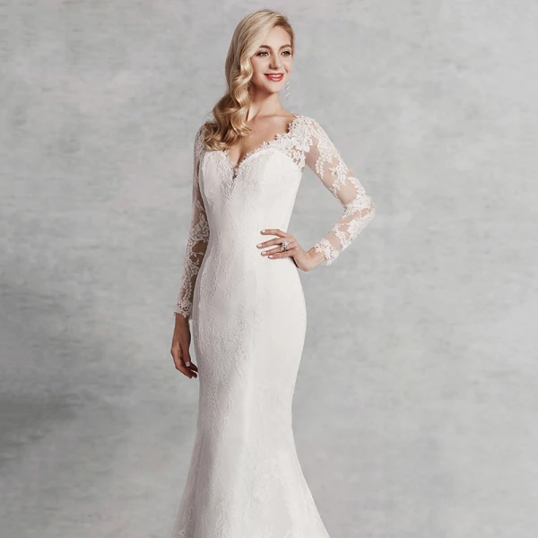 Modern / Fashion Sexy Ivory Wedding Dresses 2020 Trumpet / Mermaid V-Neck 3D Lace Long Sleeve Appliques Backless Embroidered Sweep Train Wedding