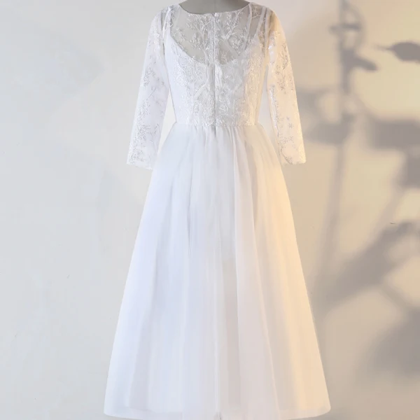 Chic / Belle Blanche Grande Taille Robe De Soirée 2020 Dentelle U-Cou Fait main Perlage Paillettes Brodé Bande Thé Longueur Soirée Été Manches Longues Princesse Robe De Ceremonie