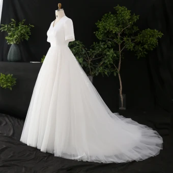 Modest Simple White Plus Size Wedding Dresses 2020 A Line Princess Short Sleeve V Neck Solid Color Lace Handmade Appliques Embroidered Chapel Train Wedding