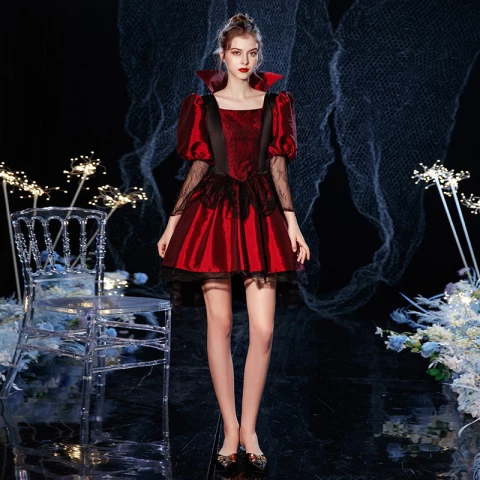 open lace back dress Women's Gothic Doll Collar Gradient Velvet Prom Dress Red – Punk Design main image 0