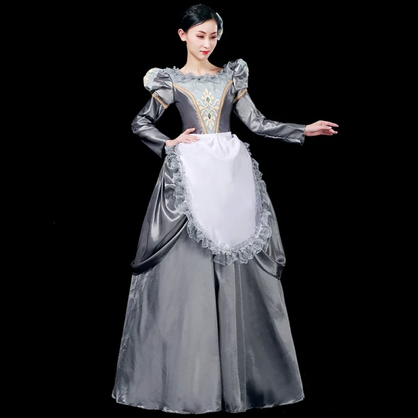 Vintage / Retro Medieval Grey Ball Gown Prom Dresses 2021 U-Neck Long Sleeve Floor-Length / Long Crossed Straps Lace Embroidered Cosplay Prom Formal Dresses