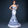 Modern / Fashion Chinese style White Court Train Evening Dresses  2018 Trumpet / Mermaid Charmeuse Appliques Beading Embroidered Rhinestone Evening Party Formal Dresses