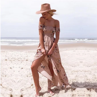 Modern Fashion Blushing Pink Tea Length Maxi Dresses 2018 A Line Princess Chiffon Embroidered Printing Strapless Beach Women S Clothing