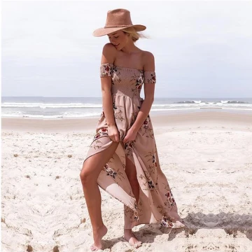 Mote Rødmende Rosa Te Lengde Maxikjoler 2018 Prinsesse Chiffon Brodert Printing Strapless Strand Dameklær