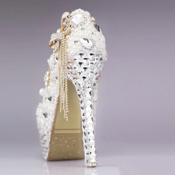 Fine 2017 14 cm Hvit Casual PU Krystall Rhinestone Høyhælte Stiletthæler Pumps Brudesko