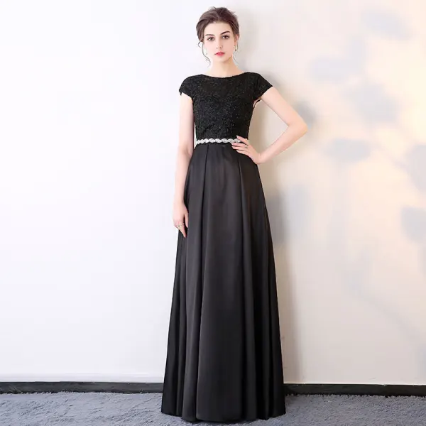 Affordable Royal Blue Evening Dresses  2017 Short Sleeve Beading Rhinestone Sash Ruffle Satin Formal Dresses