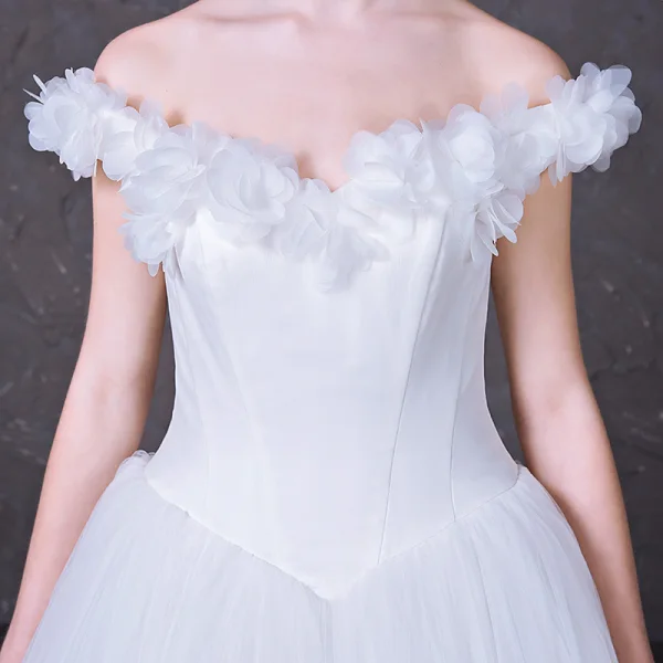 Chic / Beautiful Flower Wedding Dresses 2017 Off-The-Shoulder Outdoor / Garden White Ball Gown