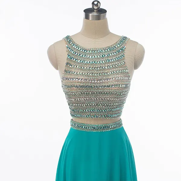 Sparkly Rhinestone Prom Dresses 2017 A-Line / Princess Scoop Neck Sleeveless Heart-shaped Backless Beading Sequins Jade Green Chiffon Floor-Length / Long Formal Dresses