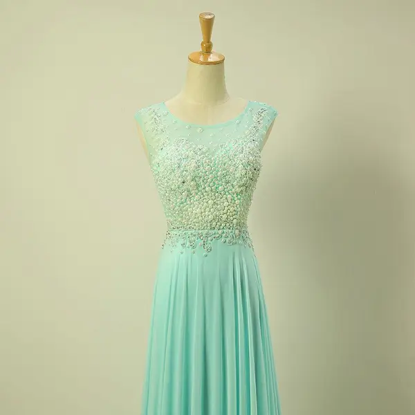 Chic / Beautiful Royal Blue Evening Dresses 2017 A-Line / Princess Scoop Neck Sleeveless Beading Pearl Ruffle Chiffon Floor-Length / Long Formal Dresses