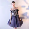 Chic / Beautiful Navy Blue Graduation Dresses 2017 Lace Strapless Appliques Backless Embroidered Charmeuse Homecoming Party Dresses