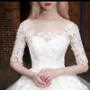 Chic / Beautiful White Wedding Dresses 2017 Scoop Neck 1/2 Sleeves Appliques Lace Cascading Ruffles Organza Floor-Length / Long Ball Gown