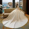 Chinese style Satin Wedding Dresses 2017 A-Line / Princess Backless High Neck Short Sleeve Appliques White Lace