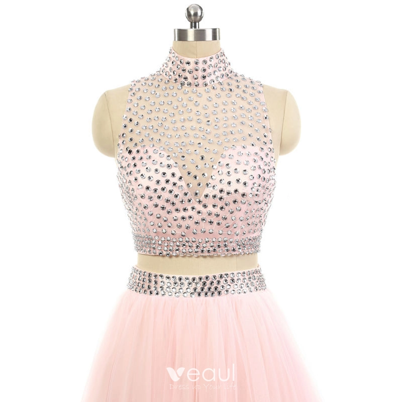 Sparkly 2 Piece Candy Pink Prom Dresses 2017 A Line Princess High Neck Sleeveless Beading Rhinestone Tulle Formal Dresses Sweep Train Sparkly 2 Piece Candy Pink Prom Dresses 2017 A Line Princess High Neck Sleeveless Beading Rhinestone Tulle Formal Dresses Sweep Train