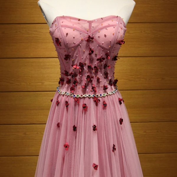Chic / Belle Rougissant Rose Robe De Soirée 2017 Princesse Bustier Tulle Perlage Appliques Dos Nu Soirée Robe De Ceremonie