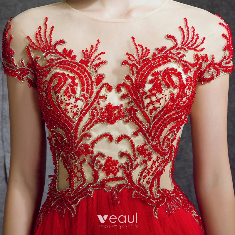 Stunning Red Evening Dresses 2018 A-Line / Princess Scoop Neck Zipper Up Beading Floor-Length / Long Ruffle Tulle Formal Dresses