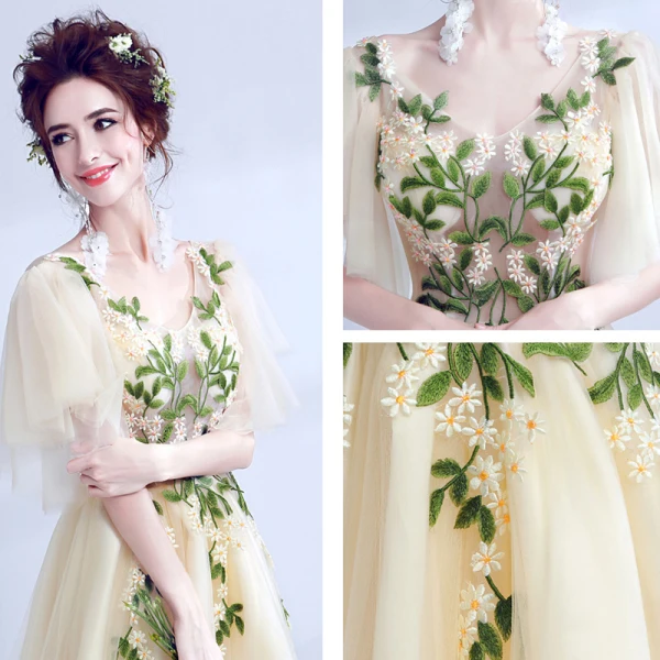 Chic / Beautiful Yellow Evening Dresses  2018 A-Line / Princess Tulle V-Neck Appliques Backless Evening Party Formal Dresses