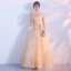 Chic / Beautiful Gold Evening Dresses  2017 A-Line / Princess V-Neck Tulle Backless Appliques Evening Party Prom Dresses