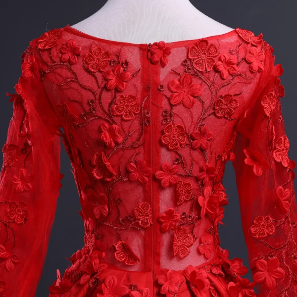 Charming Red See-through Prom Dresses 2018 Ball Gown Scoop Neck Long Sleeve Appliques Flower Chapel Train Ruffle Formal Dresses