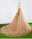 Elegant Champagne Ballkjoler 2017 Prinsesse Kjæreste Uten Ermer Ryggløse Appliques Blonder Plissert Tyll Formelle Kjoler Chapel Train